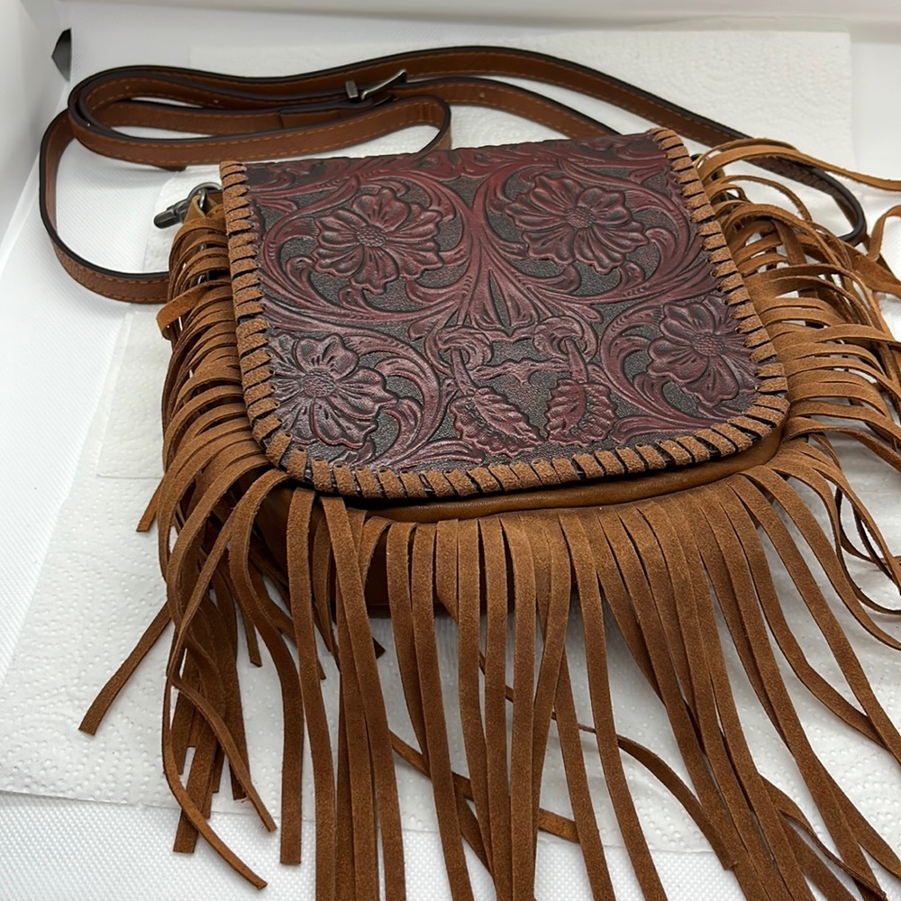 Genuine Leather Products Tooled Leather Crossbody purse adjustable strap